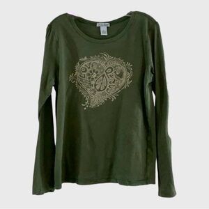 227 10/$50🏄🏻‍♀️ Lucky Brand Love and Peace Green Long Sleeve Shirt